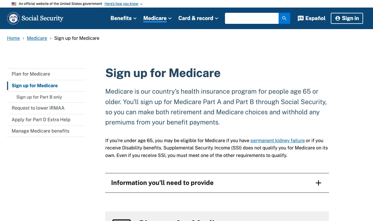 SSA sign up for Medicare page